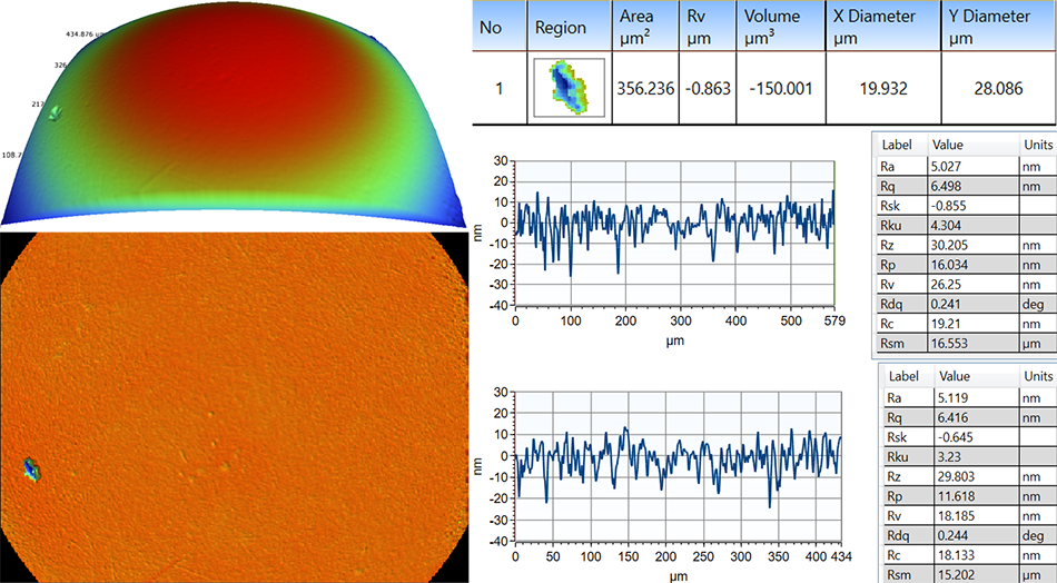 Close-up image of a hip ball with several single traces on its surface. The image shows an overlay of a digital measurement tool that highlights a pit defect on the surface of the ball.