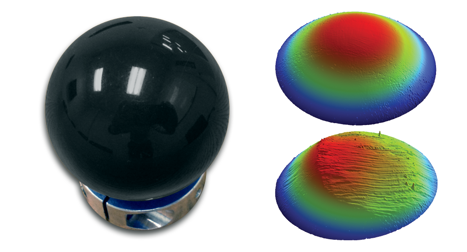 An image consisting of three panels arranged in a triptych. The left panel shows a PEEK (PolyEtherEtherKetone) sphere. The top right panel shows the surface of the sphere before wear testing, with visible scratches and marks. The bottom right panel shows the same surface after wear testing, with more scratches and marks visible.