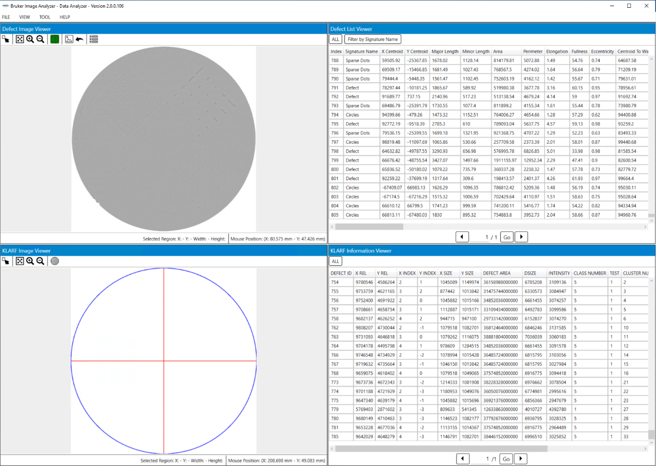 BIA Data Analyzer: Defect image view with defect list and KLARF information list