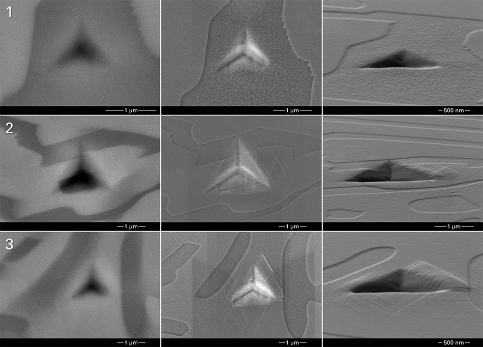Image showing post-indent imaging of three regions of a HEA microstructure, captured using backscatter and secondary electron imaging from both top and tilted perspectives. The regions are marked on the left and divided by rows.